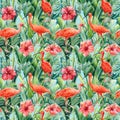 Tropical leaves palm, hibiscus flowers and ibis birds on an isolated background. Watercolor seamless pattern Royalty Free Stock Photo