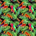 Tropical leaves, parrot birds, exotic flowers. Seamless jungle pattern on black background. Watercolor Royalty Free Stock Photo