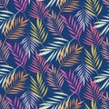 Beautiful tropical palm leaves seamless pattern in pink, red, coral, yellow and off white on navy blue background.