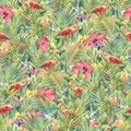 Tropical leaves with red hibiscus flowers, pink flamingos and seashells. Watercolor illustration. Seamless pattern from Royalty Free Stock Photo