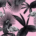 Tropical leaves seamless flamingo background circle black white Royalty Free Stock Photo