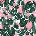 Tropical leaves seamless pattern. Elegant palm exotic elements background. Vector illustration.