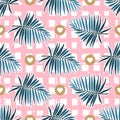 Tropical leaves seamless pattern. Green palm fronds on a pink checkered background. Striped tropical backdrop, Vector