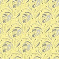 Tropical leaves seamless pattern, hand drawn sketch ink line shapes of monstera, plants. Grey, yellow palette. Vector