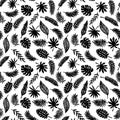 Tropical Leaves seamless pattern, modern hand drawn nature foliage, black on white