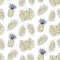 Tropical Leaves seamless pattern, modern hand drawn nature foliage and pineapples