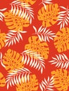 Tropical leaves seamless pattern on orange background. Vector illustration. Royalty Free Stock Photo