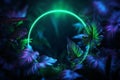Tropical leaves shine under the enchanting glow of blue and green neon