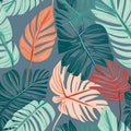 Tropical leaves texture background, seamless soft floral pattern