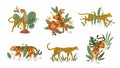 Tropical leaves with tigers, leopards and jaguars. Beautiful mini compositions with wild animals and exotic plants and