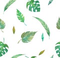 Tropical leaves watercolor pattern on white background