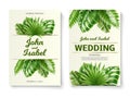 Tropical leaves wedding invitations. Gentle romantic cards with realistic exotic palm foliage, 3d banana and monstera