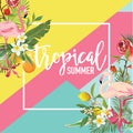 Tropical Lemon, Pomegranate Fruits, Flowers and Flamingo Birds Summer Banner, Graphic Background
