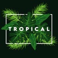 tropical lettering poster with green leafs in square frame
