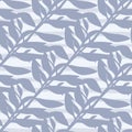 Tropical light purple leaf branches seamless doodle pattern. Pastel background. Vintage abstract foliage print Royalty Free Stock Photo