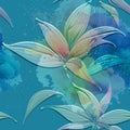 Tropical lily flowers textured 3d seamless pattern. Floral embossed watercolor spotty background. Grunge colorful modern backdrop