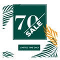 Tropical limited time summer elements. Sale banner template design. Big sale special offer. Palm tree leaves with 70% discount. Royalty Free Stock Photo