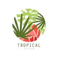 Tropical logo template design, round badge with palm leaves and red exotic flower vector Illustration on a white Royalty Free Stock Photo