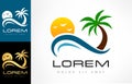 Tropical logo vector. Palm tree, wave, sun and bird. Royalty Free Stock Photo