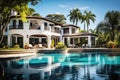 Tropical luxury: modern residence, pool, and tranquil palm trees