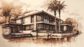 Tropical Luxury Villa Facade Elevation Sketch With Pencil Lines