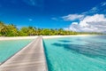 Beautiful tropical Maldives resort hotel island with beach and sea sand sky for holiday vacation background concept. Boost up co Royalty Free Stock Photo