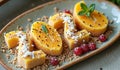 Tropical mango dessert with seeds, coconut, and berries garnish on plate Royalty Free Stock Photo
