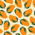 Tropical mango hand drawn vector illustration. Thailand ripe fruit in flat style seamless pattern. Royalty Free Stock Photo