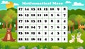 Tropical math game with cute animal characters, forest mathematic maze activity for preschool children