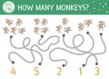 Tropical math maze for children with five little monkeys. Educational addition riddle. Funny nursery rhyme mathematic puzzle game Royalty Free Stock Photo