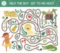 Tropical maze for children. Preschool exotic activity. Funny jungle puzzle with cute African animals, plants, fruit. Help the boy