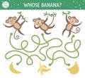 Tropical maze for children. Preschool exotic activity. Funny jungle puzzle with cute monkeys and fruit. Whose banana. Simple