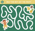 Tropical maze for children. Preschool exotic activity. Funny jungle puzzle. Help the boy get to the fruits. Simple summer game for