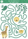 Tropical maze for children. Preschool exotic activity. Funny jungle puzzle. Help the giraffe get to the leaves. Simple summer game
