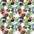 Tropical mix bamboo tree and panda pattern in a watercolor style. Royalty Free Stock Photo