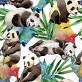 Tropical mix bamboo tree and panda pattern in a watercolor style.