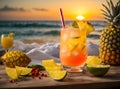 Tropical mocktail cocktail at sunset on the beach