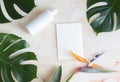 Tropical mockup card. Style home interior. White bottle lotion.