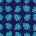 Tropical monstera leaves on dark blue background seamless pattern. Hand drawn ink vector illustration Royalty Free Stock Photo