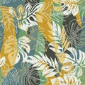 Tropical monstera and palm leaves patchwork wallpaper