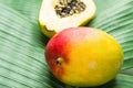 Tropical Nature Background Ripe Mango Halved Papaya on Large Green Palm Leaf. Healthy Food Lifestyle Vitamins Summer Travel Royalty Free Stock Photo