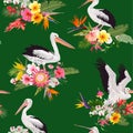 Tropical Nature Seamless Pattern with Pelicans and Flowers. Floral Background with Waterbirds for Fabric, Wallpaper