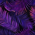 Tropical Neon Palm Leaves Seamless Pattern. Jungle Purple Colored Floral Background. Summer Exotic Botanical Foliage