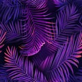 Tropical Neon Palm Leaves Seamless Pattern. Jungle Purple Colored Floral Background. Summer Exotic Botanical Foliage