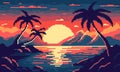 Tropical neon pixel bay with palm trees background