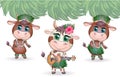 Tropical new year 2021, celebration. Group of cows and bulls as hula dancers with acoustic ukulele guitars, Hawaii