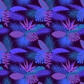 Tropical night foliage plants seamless pattern with palm banana monstera leaves, hanging heliconia flower, strelitzia