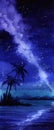 Tropical night landscape.Silhouettes of island with palm and mountains. Dark blue night starry sky. Milky Way Royalty Free Stock Photo