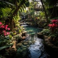 Tropical Oasis: Immerse Yourself in Refreshing Waterfalls, Vibrant Orchids in Bloom Royalty Free Stock Photo
