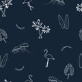 Seamless pattern with hand drawn elements - palm trees, surfboards, waves, flamingo, tropical leaves and gull birds. Vector Royalty Free Stock Photo